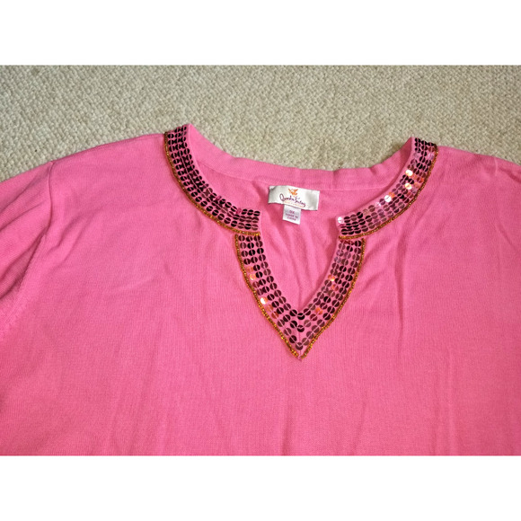 NWOT Womens Sweater-QUACKER FACTORY-pink 100% cotton sequin trim pullover 3/4-3X - Picture 2 of 5